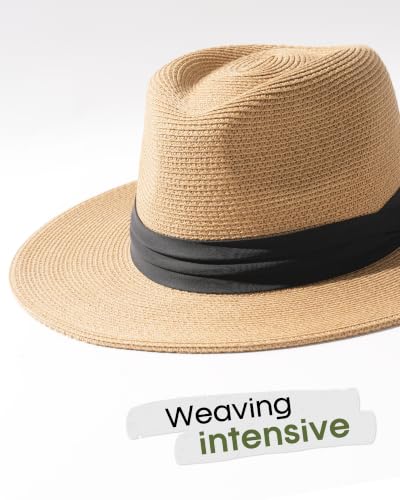 FURTALK Womens Mens Wide Brim Straw Panama Hat Fedora Summer Beach Sun Hat - color: Khaki, size: Medium-Large