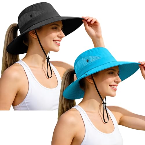 Rosoz Ponytail Sun Bucket Hats for Women UV Protection Foldable Wide Brim - color: 2pack-pure Blue&black