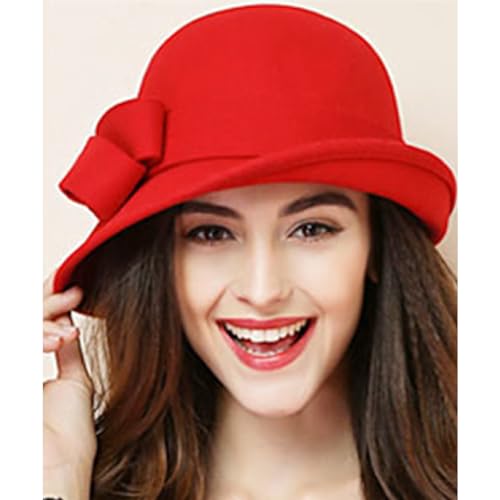 Wool Felt Vintage Winter Warm Hats for Women Bowknot Pillbox Cap Ladies Fascinator Kentucky Party Ceremony Church Fedoras - color: Red