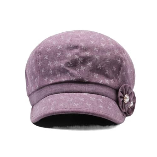 Women's Lady's Cotton Beret Cap Newsboy Cap Drawing Beret Hat Bakerboy Cabbie Cap with Bowknot Decor - color: Purple