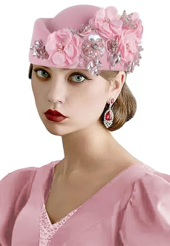 Women's Retro British Felt Headscarf Hat Church Derby Headdress with Floral Women's Soft Beret - color: Pink