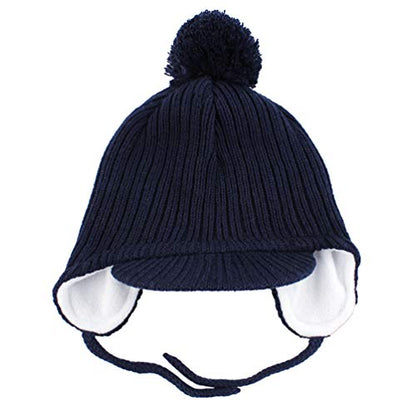 Toddler Fleece Beanie Winter Hat with Ear Flaps Baby Knit Hat with Visor - color: Navy, size: 2-4T