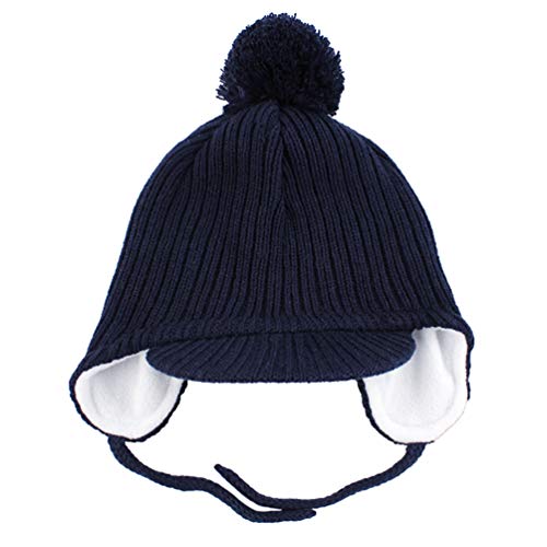 Toddler Fleece Beanie Winter Hat with Ear Flaps Baby Knit Hat with Visor - color: Navy, size: 0-12 Months