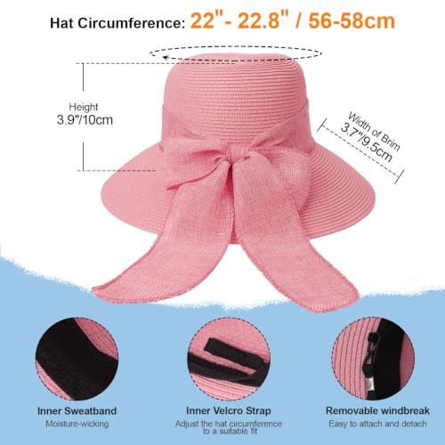 DRESHOW Sun Hats for Women Summer Wide Brim Beach Straw Hat Bowknot Bucket Hats Foldable Floppy Beach Sun Hat UPF 50+ - color: 1 Pack Bowknot Ribbon Hat: Pink
