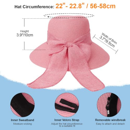 DRESHOW Sun Hats for Women Summer Wide Brim Beach Straw Hat Bowknot Bucket Hats Foldable Floppy Beach Sun Hat UPF 50+ - color: 1 Pack Bowknot Ribbon Hat: Pink