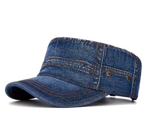 Military Cadet Army Cap for Men Women-Washed Cotton Vintage Adjustable Flat Top Baseball Hat - color: Washed Denim Black