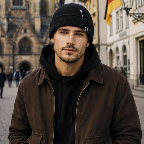 Distressed Ring Beanie Hat for Women Men Slouchy Skull Cap - color: Black