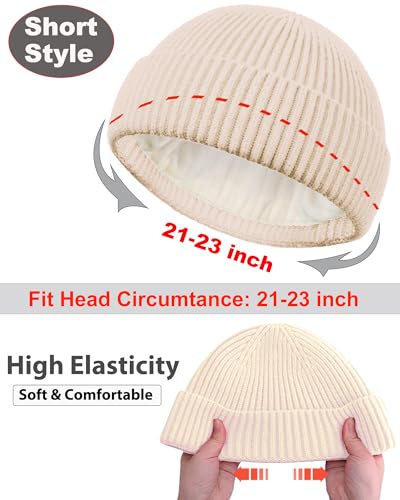 Short Fisherman Beanie for Men Women Wool Fleece Lined Winter Hat - color: 1pcs-beige