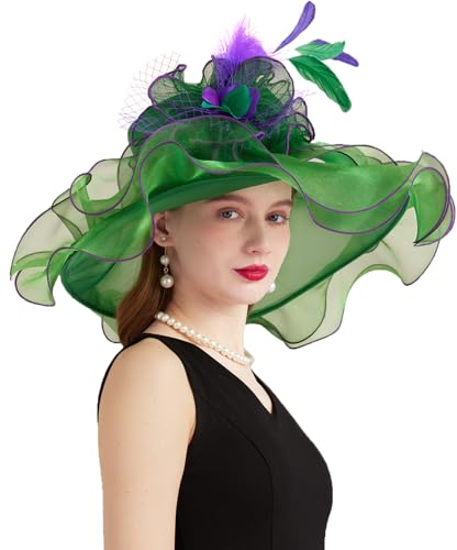 Women Derby Church Hat Organza Flower Wedding Tea Party Fascinator Wide Brim Sun Hat - color: 11-dark Green