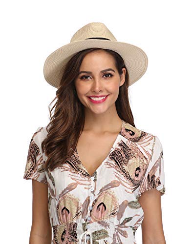 Lanzom Women Wide Brim Straw Panama Roll up Hat Fedora Beach Sun Hat UPF50+ - color: 02-fold Belt Beige, size: One Size-Small