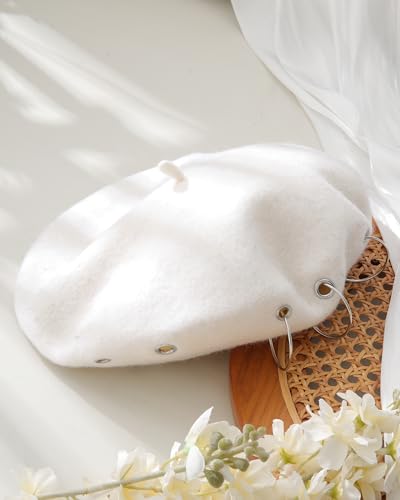 AWAYTR Punk Beret Hat for Women - 90% Wool Blend Goth Alt French Cap - color: White
