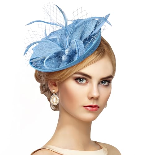 Zinniday Fascinator Tea Party Hat - 2026 Derby Pillbox Kentucky Hat for Women (7.87x5.9inch) - color: Light Blue