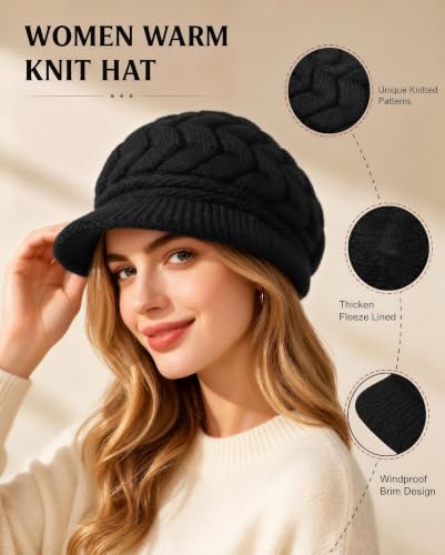 YSense 2 Pack Womens Winter Hats Warm Knit Beanie with Visor - color: Black Light Grey
