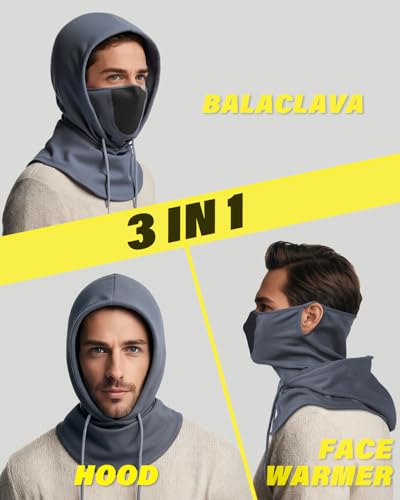 JOEYOUNG 3 in 1 Winter Balaclava Hood Face Mask with Ear Loops, Fleece Breathable Ski Mask for Men Women Cold Weather - color: Gray