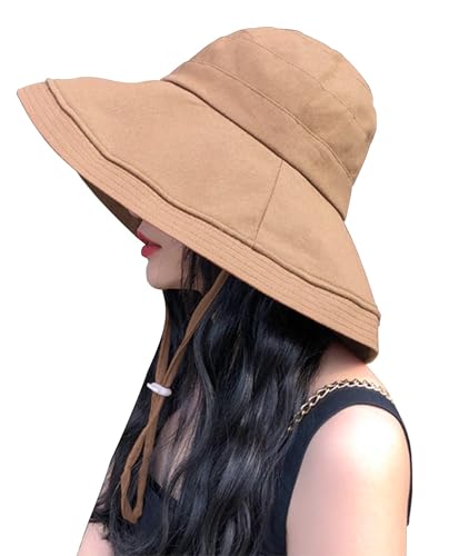 Wide Brim Bucket Hat - UPF50+ Protection Travel Beach Sun Hat with Semi-Rigid Adjustable Foldable Brim - color: Khaqi