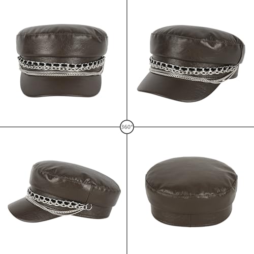 Women Metal Chain Flat Top PU Leather Newsboy Paperboy Hat Painter Cap - color: Chains Brown Coffee
