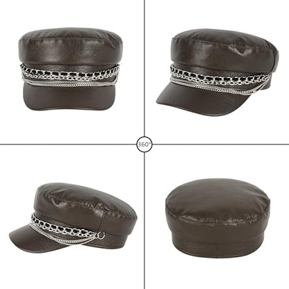 Women Metal Chain Flat Top PU Leather Newsboy Paperboy Hat Painter Cap - color: Chains Brown Coffee