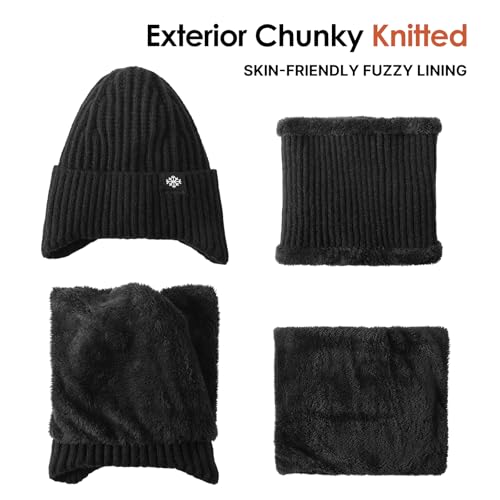 Trifabricy Winter Knit Hat Scarf Set, Fleece Lined Beanie and Neck Warmer - color: Black