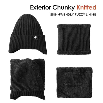 Trifabricy Winter Knit Hat Scarf Set, Fleece Lined Beanie and Neck Warmer - color: Black