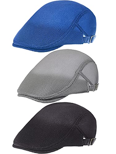 Geyoga 3 Pcs Mesh Newsboy Cap, Adjustable Mesh Cap - color: Black, Light Gray, Royal Blue
