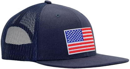 Men Flat Bill USA Flag Mesh Hat Fits OSFM&XXL Head | Snapback Trucker Cap | 250th US Anniversary Veterans Memorial Day Gifts - color: Navy, size: Medium-Large