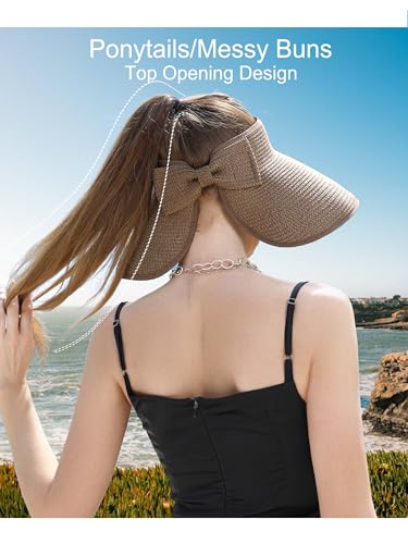 sy soul young Women's Straw Hat with Ponytail Hole Wide Brim Visor Sunhat - color: Coffee
