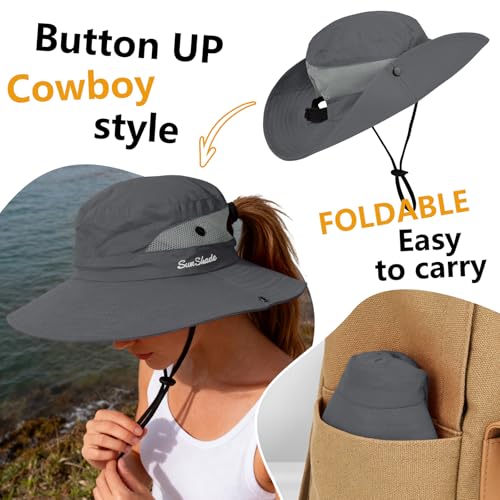 ZOORON Women's Ponytail Safari Sun Hat,Wide Brim UV Protection Bucket Hat - color: 2-darkgrey+beige