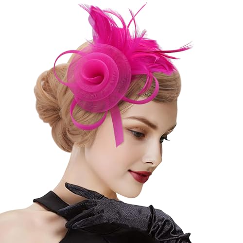 DRESHOW Fascinators Hats for Women Tulle Feather Tea Party Fascinator Hats - color: Rose Red