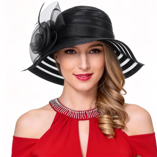 Ruphedy Women Derby Church Dress Bucket Hat Fascinators Tea Party Wedding Hat - color: S017-black