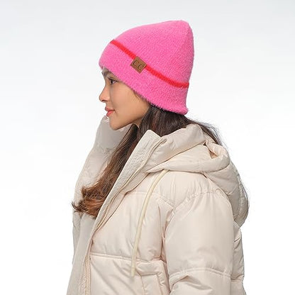 C.C Fuzzy Beanie for Women Unisex - Acrylic Stretchable Soft Warm Knit Winter Skully Hat - color: Feather Yarn-hot Pink