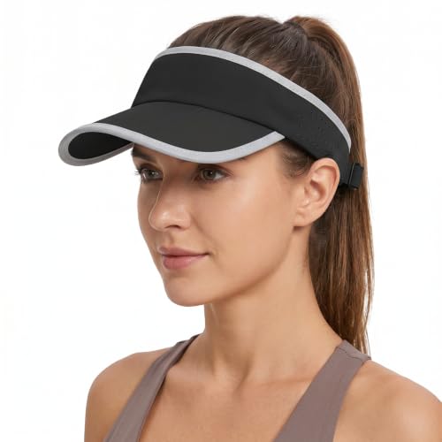 Foldable Sports Sun Visor Hat - Adjustable Running Golf Tennis Cap with Mesh&Reflective Design, Quick Drying for Men & Women - color: Black/Reflective