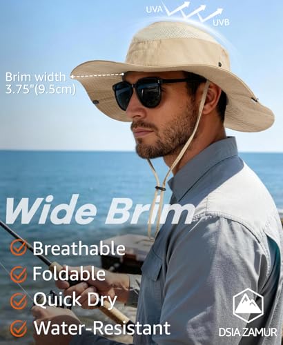 Wide Brim Sun Hat for Men Women, UPF 50+ Waterproof Packable Bucket Boonie Safari Fishing Hat - color: Khaki