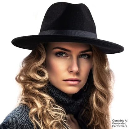 Felt Wide Brim Fedora Hats for Women Men, with Band Belt Buckle, Adjustable - color: 001 Black