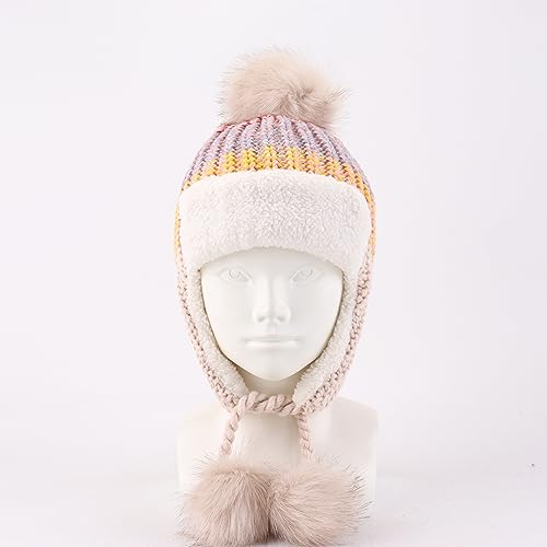 Baby Winter Hat for Girls Toddler Ear Flap Pom Pom Beanies Infant Knit Hat with Fleece Lined - color: Three Goals-colour Mixture Khaki, size: 1-2T