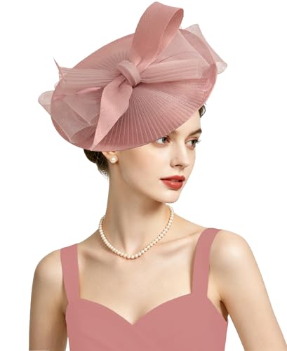 Kidukso Fascinators Hats for Women Derby Hats Tea Party Hat Mesh Headwear with Feather for Church Cocktail Wedding - color: Nude Pink