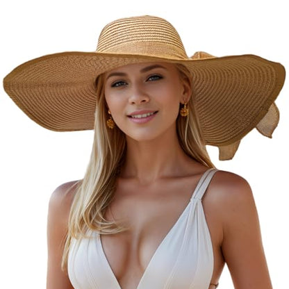 Floppy Big Beach Straw Hats for Women Foldable Summer Wide Brim Packable Sun Hat Womens Travel Straw Fedora Hat - color: Khaki-2