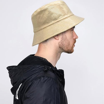 Shiny Metallic Bucket Hat Reversible Beach Fisherman Hats for Women Men - color: Gold a