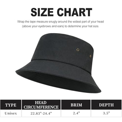 BOTVELA Men Cotton Foldable Flat Top Bucket Sun Hat - color: Black, size: 7 1/8-7 1/4