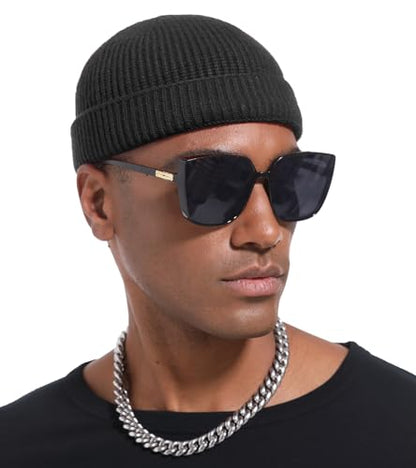 Wool Cuffed Beanie for Men Unisex Knit Watch Cap Thin Fisherman Beanies - color: Black