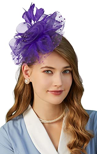 Fascinators Hat for Women Tea Party Headband Kentucky Derby Wedding Flower Cocktail Mesh Feathers Hair Clip - color: 1-purple