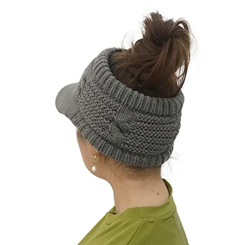 XYIYI Beanie Tail Winter Warm Knit Messy High Bun Ponytail Hats Visor Beanie Cap - color: Grey