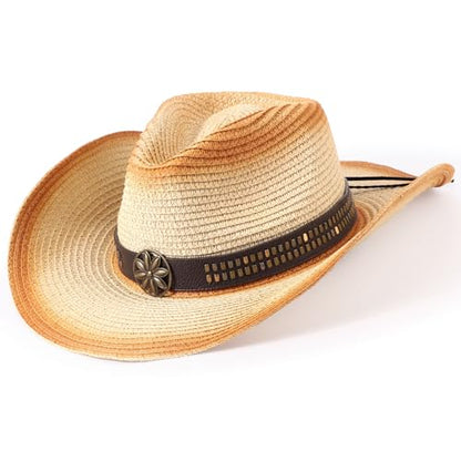 AQOKKA Straw Cowboy Hats for Women Men Western Cowgirl Hats with Shapeable Brim Woven Hollow Out Unisex Beach Roll Up Caps - color: Spray-painted Cowboy Hats : Beige+khaki