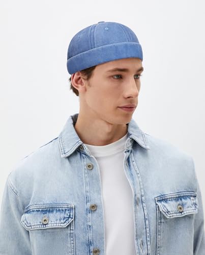 DIYDECAL Vintage Washed Cotton Sailor Docker Cap for Men, Brimless Skull Cap with Classic Retro Style - color: Blue