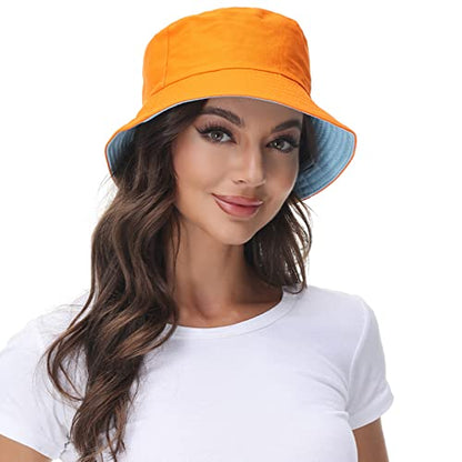 Women Reversible Bucket Hat, Summer Sun Hat for Women - color: Skyblue- Orange