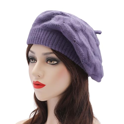 ZLYC Women French Beret Hat Reversible Solid Color Knit Warm Artist Cap - color: Cable Pattern Purple