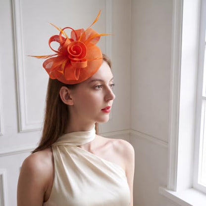 Flower Fascinator Hat Headband Clip for Women Tea Party - color: Orange-02
