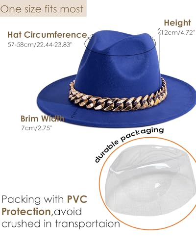 Men & Women Wide Brim Fedora Hat with Chain Buckle - color: Chain Belt-royal Blue
