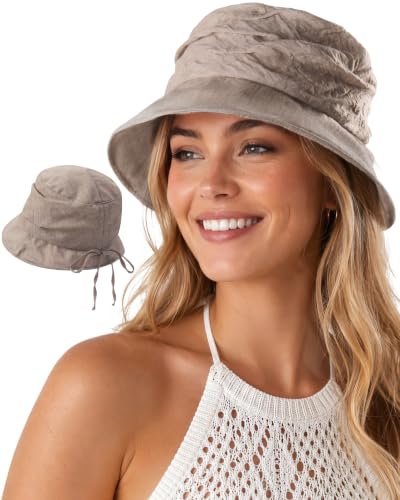 Linen Blend Ruched Bucket Hat Ultra-Light Breathable Sun Hat - color: Oatmeal