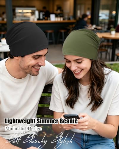 ROYBENS 100% Cotton Thin Slouchy Beanie Hat Women Men Lightweight Chemo Cap - color: 2pcs Black+army Green