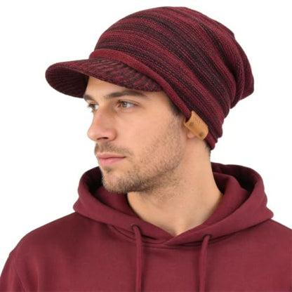 Ruphedy Mens Beanie with Brim Winter Hat Knitted Thick Fleece Visor Beanie - color: B319-claret